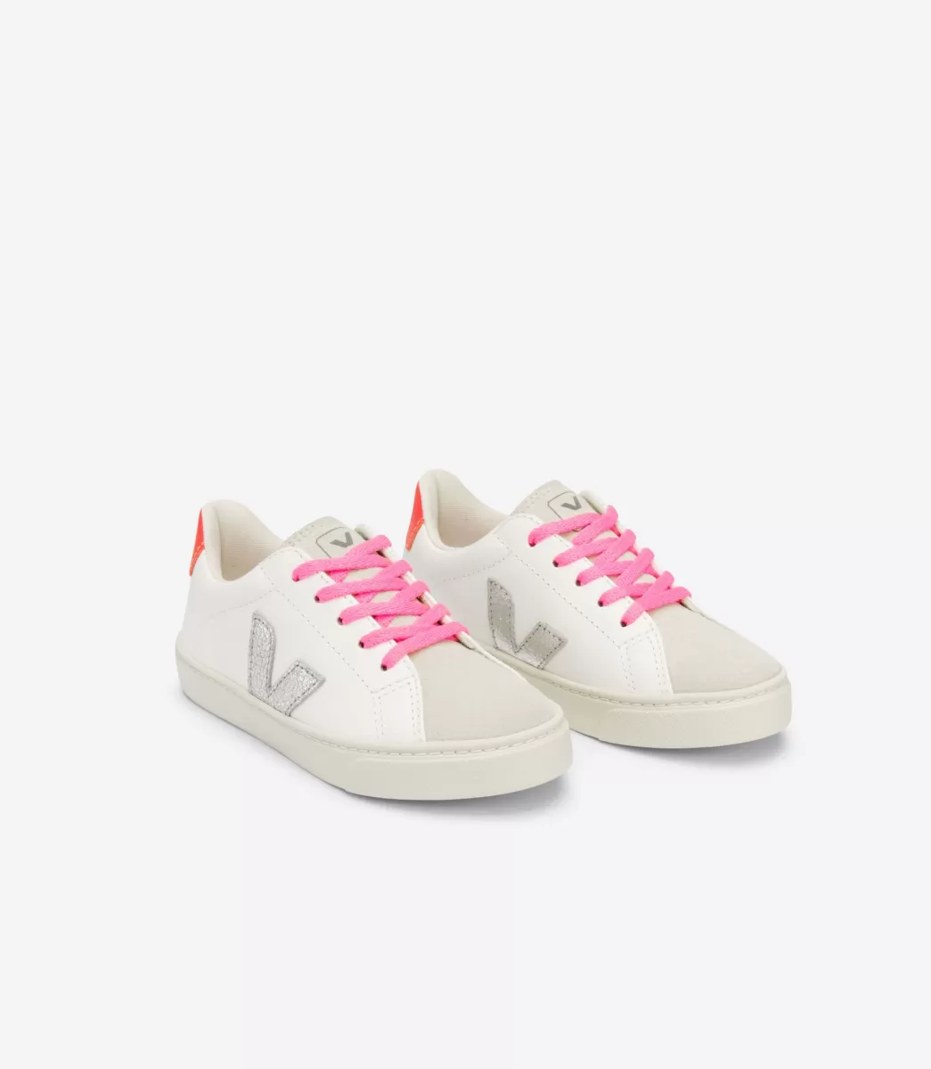 Enfant VEJA Enfants<ESPLAR LACES LEATHER WHITE SILVER ORANGE FLUO