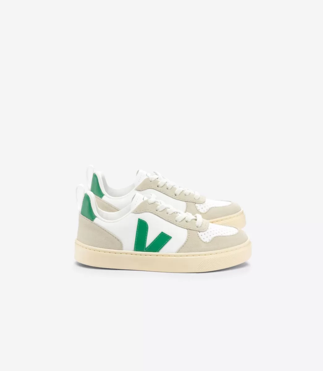Enfant VEJA V-10<V-10 LACES LEATHER WHITE EMERAUDE ALMOND