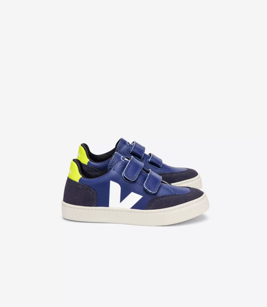 Enfant VEJA Enfants<V-12 LEATHER COBALT WHITE JAUNE FLUO