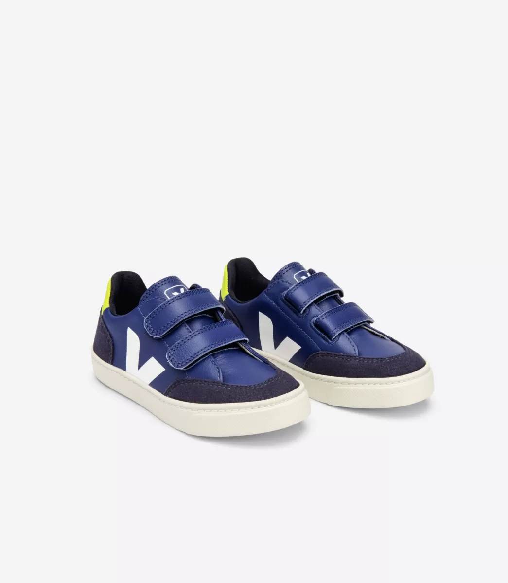 Enfant VEJA Enfants<V-12 LEATHER COBALT WHITE JAUNE FLUO