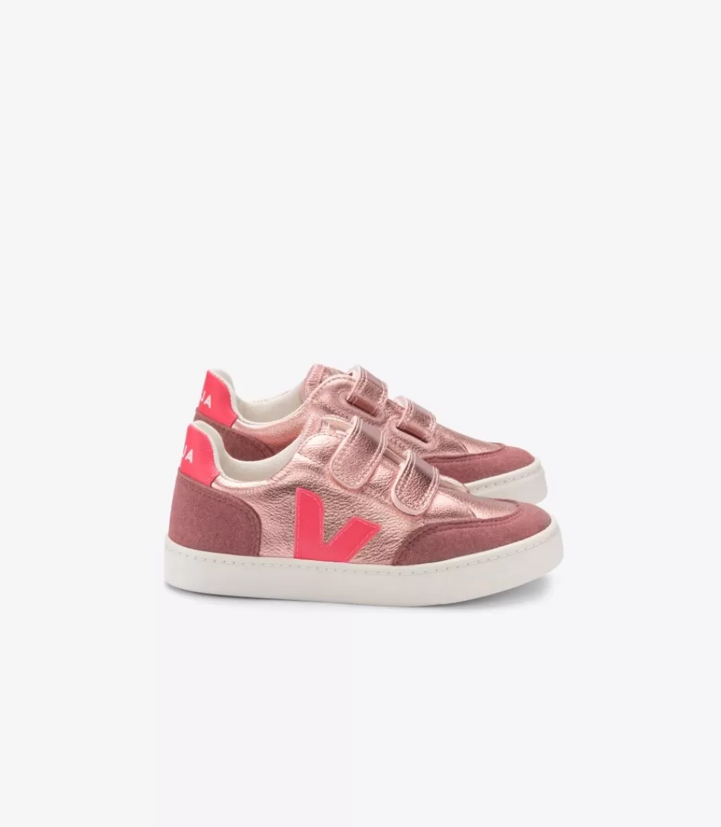 Enfant VEJA Enfants<V-12 LEATHER NACRE ROSE FLUO
