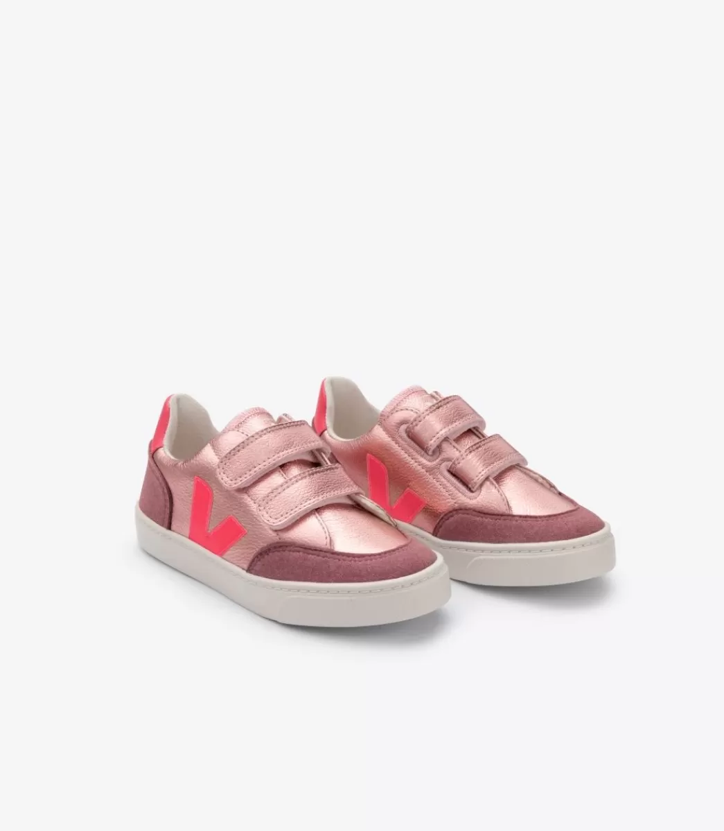 Enfant VEJA Enfants<V-12 LEATHER NACRE ROSE FLUO