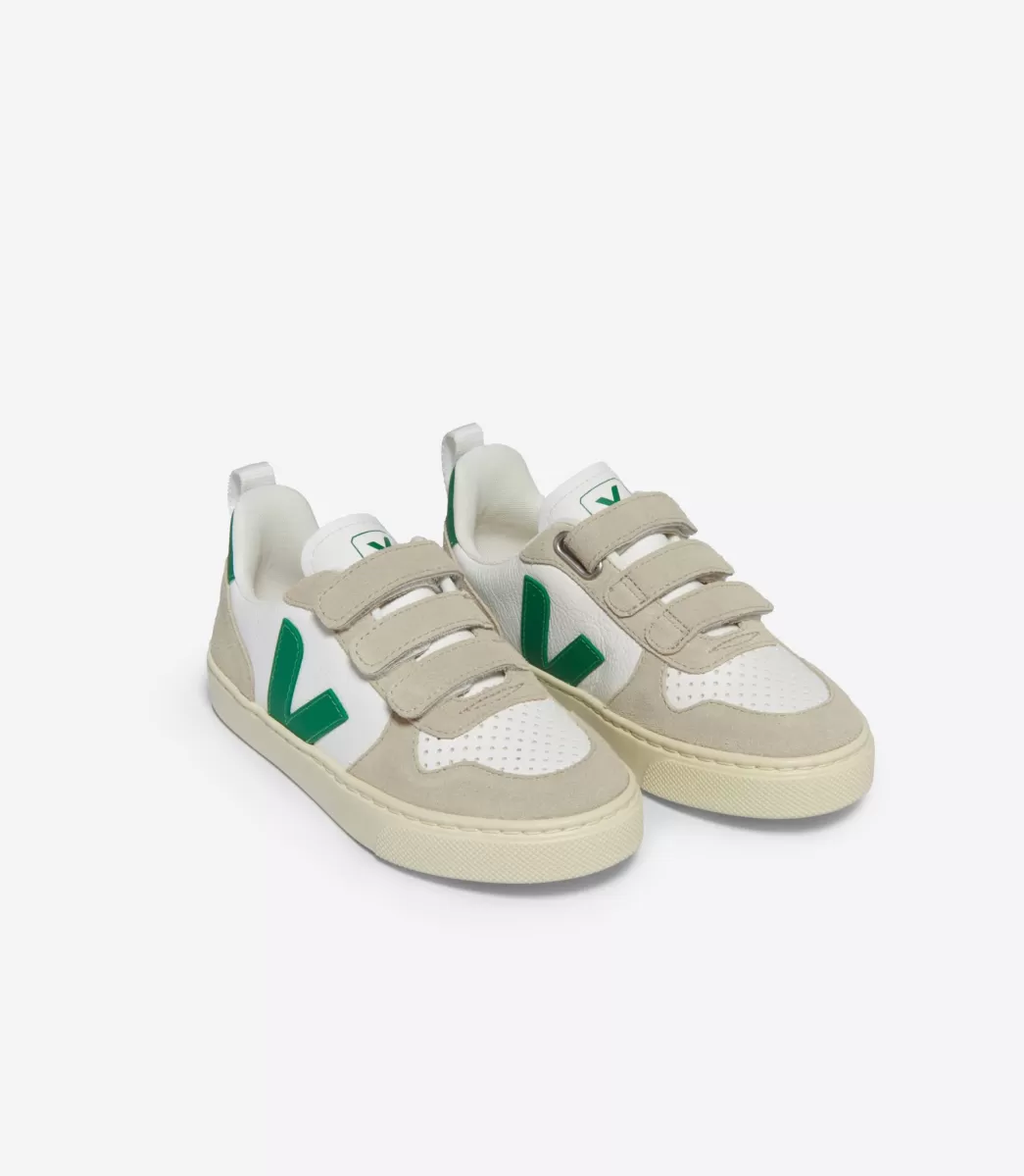 Enfant VEJA V-10<V-10 LEATHER WHITE EMERAUDE